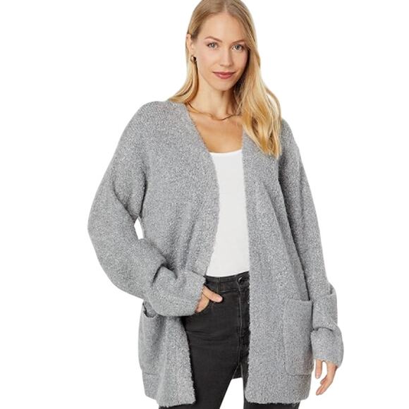 Three Dots Gray Open Front Wool Sherpa Cardigan Sweater Medium - Picture 1 of 12